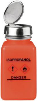 The image shows an orange bottle with a metallic screw cap. On the bottle, there are warning symbols and the inscriptions "ISOPROPANOL" and "DANGER".