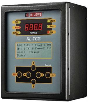 The image displays an electronic measuring device with a black casing. The display shows numbers and symbols, including a torque value and various control knobs below.