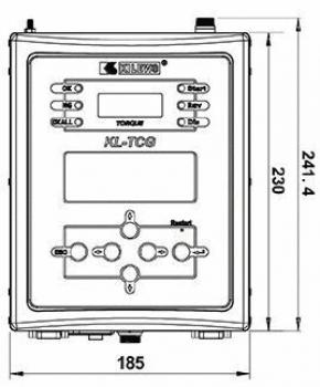 The image displays a technical device with a screen and several buttons. It has a rectangular casing and dimensions given in millimeters: 185 mm wide, 241.4 mm tall, and 230 mm deep.