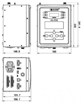 The image shows a technical device with three views: front view with display and buttons, left and right side views with connections. Dimensions are provided.
