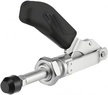 It is a toggle clamp. It has a black, ergonomic handle and a metallic structure with a shiny surface. The lever is functional and sturdy.