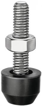 The image displays a screw with an elongated, threaded shaft. At the top, it has a hexagonal head, below which there is a nut. At the bottom, there is a black rubber element.