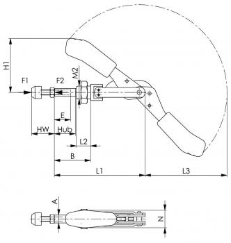 Das Bild zeigt eine technische Zeichnung eines Hebels mit zwei Griffen. Es sind Maße und Linien angedeutet, die den Aufbau und die Mechanik des Hebels darstellen.