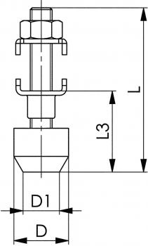 The image shows a technical drawing of a fastener. It includes dimensions such as D, D1, L, L3, as well as various geometric shapes and screw elements.