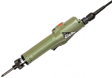 The image shows a green drill. It has a long, cylindrical body with a handle, a cord, and a drill head at the end. A power button is mounted on the side.