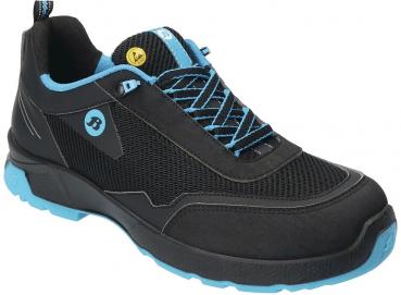 The shoe is a black, high hiking boot with blue details. It has a sturdy rubber sole and is equipped with laces that are in blue. The surface appears durable.