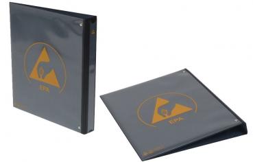 The image shows a black folder with an orange triangle symbol and the label "EBN". It is standing upright and partially open to reveal its interior.