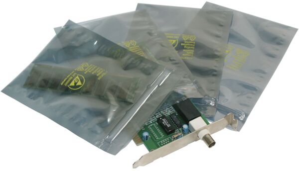 The image shows a shiny, black foil bag. It has a smooth surface and features printed yellow information in the middle, including icons and text.