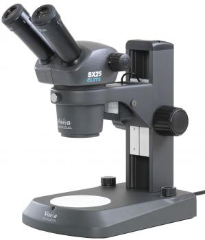 The image shows a microscope with two eyepieces, a stable base, and a round slide. It is gray in color and has several adjustment options for focusing.