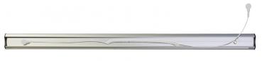 The image displays a slim, elongated LED strip made of aluminum. It features a silver surface and thin, white wires protruding from the sides.