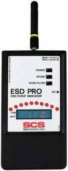 The image shows a handheld device with a digital display and several buttons. It has an antenna and is used for displaying ESD events. The color scheme is predominantly black with red and white elements.