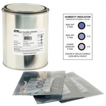 The image shows a silver can with a moisture indicator label. Next to it are three transparent bags that are colored according to the level of moisture.