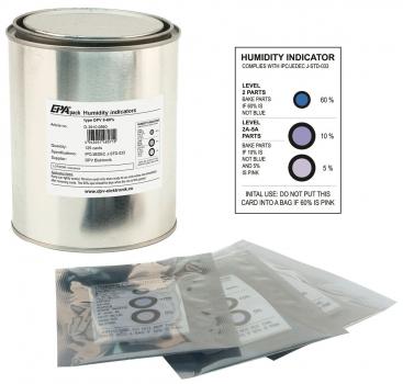 The image shows a silver can with a label providing information about a moisture indicator, as well as several transparent coupon bags. The bags are labeled and display moisture levels.