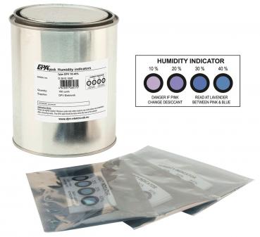 In the picture, there is a silver can with a label and several transparent bags visible. Next to it is a moisture indicator chart with various color codes.