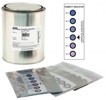 The image displays a metal can with a label for a moisture indicator, as well as several transparent bags that also contain indicators in the shape of circles.