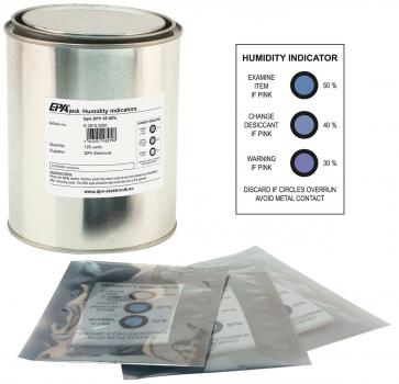 The image shows a silver can with the label "EPX-Humidity Indicator" and several transparent bags. Next to the can is an overview of the humidity indicator with colored circles.