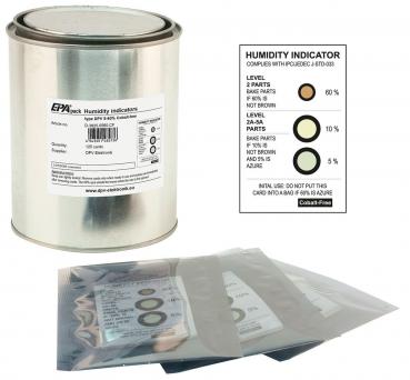 The image shows a silver can with a label, next to several transparent bags and a humidity indicator. The indicator has three color levels for measuring moisture.