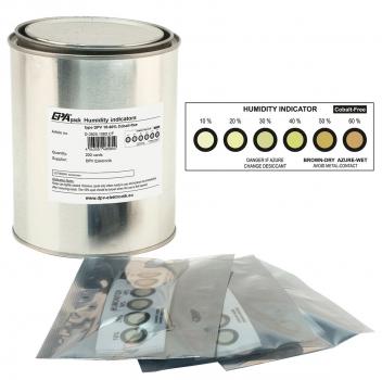The image shows a silver can with a lid that is described as a moisture indicator. Next to it are two transparent bags with round indicator cards.