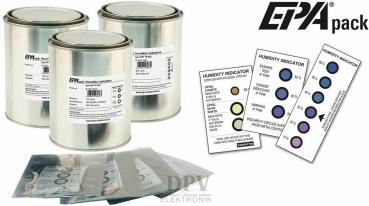 The image shows a silver can with a label, next to several transparent bags and a humidity indicator. The indicator has three color levels for measuring moisture.