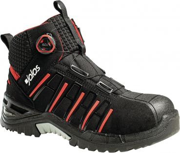 The shoe is a sturdy, black safety boot with red accents. It has a tall shape, padded areas, a robust sole, and a quick lacing system for secure fit.