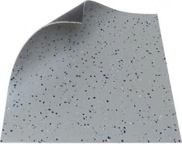 The image displays a piece of light gray flooring with small, dark spots. One corner is slightly bent, revealing the texture of the material.