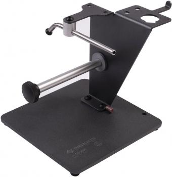 The image shows a sturdy holder made of black metal. It has a rectangular base, a vertical stand, and a horizontal arm designed for holding devices.
