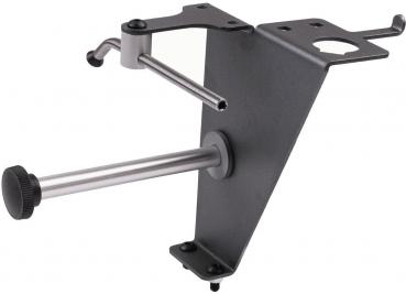 The image shows a black metal bracket. It has a triangular shape with several holes and an adjustable pin to attach various devices.