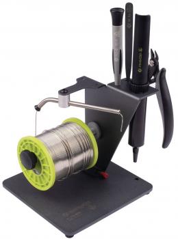 The image shows a sturdy holder made of black metal. It has a rectangular base, a vertical stand, and a horizontal arm designed for holding devices.