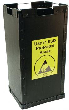 This is a black trash can with a rectangular, sturdy design. On the front, there is a yellow sign with the inscription "Use in ESD Protected Areas" and a warning symbol.
