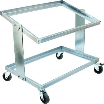 Das Bild zeigt einen Wagen mit zwei Aufbewahrungsboxen. Oben ist eine schwarze Box, darunter eine gelbe. Der Wagen hat eine längliche Stange zum Schieben und bewegt sich auf Rollen.