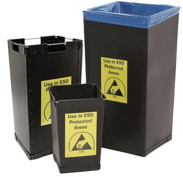 The waste bin is tall and rectangular, with a black surface. It has a blue rim at the top and a yellow warning sign indicating its use in ESD-protected areas.