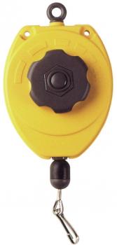 The image shows a white spool with a cross-shaped black handle. At one end, there is a carabiner, and the strap is extendable.