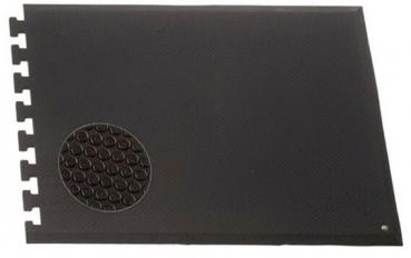 The image shows a black, rectangular mat. Part of it is covered with small round bumps. On the left side, there are cutouts intended for connecting with other mats.