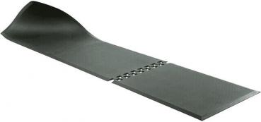 The image shows a black, flexible material with a wavy form at one end. In the center, there are small holes or indentations visible that form a continuous line.