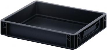 Das Bild zeigt eine flache, schwarze Kunststoffschale. Sie hat gerade Seiten, eine glatte Innenfläche und an den kurzen Seiten jeweils einen Griff. Ideal für Aufbewahrung und Transport.