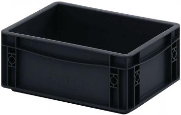 The image shows a rectangular black plastic box. It has a smooth surface, high walls, and no lid. There are recessed areas at the corners for a better grip.