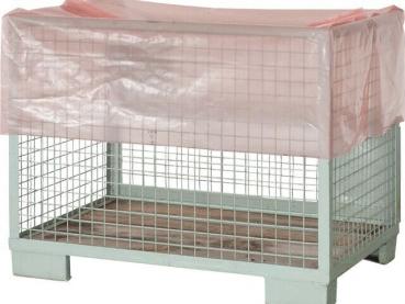 The image shows a sturdy wire basket with a rectangular shape and four legs. On it lies a transparent, slightly pink plastic sheet that protects the contents.
