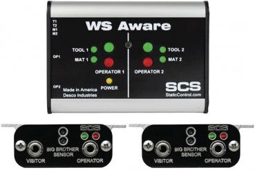 The image displays an electronic device labeled "WS Aware". It features five buttons or lights in red and green. There are two smaller sensors connected to the main device.