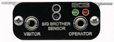 The image shows a rectangular, black device with two round connectors, labeled "VISITOR" and "OPERATOR". Above it are two LED lights (green and red) as well as the inscription "BIG BROTHER SENSOR".