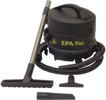 The image shows a black, round vacuum cleaner labeled 