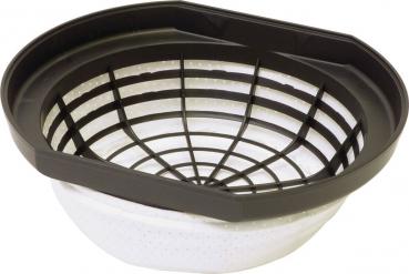 The image displays a standalone kitchen device: a sieve or a bowl with a black insert. The insert features a grid pattern, while the bowl is white and round with a flat bottom.