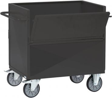 The waste container is rectangular, made of black metal, and has a large, foldable lid on one side. It is mounted on four movable wheels.
