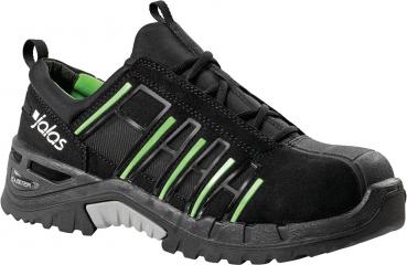 The shoe is a black half-shoe with green and gray design. It has a sturdy, non-slip sole and is well-suited for work, with practical laces.