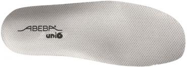 The image shows a gray shoe sole with a textured surface. In the center, the brand name "ABEBA" and "uni6" are displayed in black lettering. The sole appears to be lightweight and flexible.