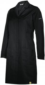 The image shows a black lab coat. It has a classic collar, long sleeves, and a straight fit. There are two large pockets on the front. The coat appears functional and professional.