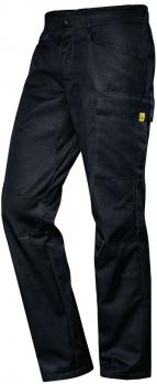 The image shows black work pants with various pockets. They are straight cut and made from durable material, ideal for manual labor.