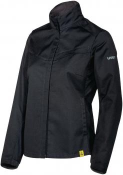 The image shows a black jacket with a high collar and long sleeves. It has a sporty, simple shape and a small logo on the left arm. The fabric appears sturdy and weather-resistant.