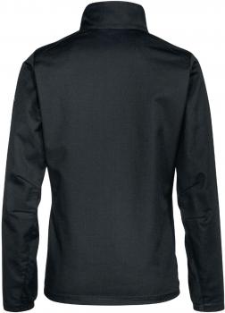 The image shows the back view of a black jacket with a stand-up collar and long sleeves. The fabric appears sturdy and durable, with no noticeable patterns or details.
