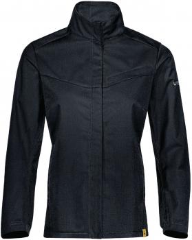 The thin, black jacket features a high collar and has a slim fit. There is a slightly textured surface with a simple, sporty design and no visible hood.