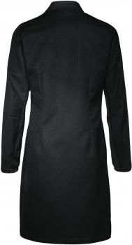 The image shows a black, fitted coat from the back. It has long sleeves and a high collar. The fabric features a fine texture with vertical lines running throughout the coat.